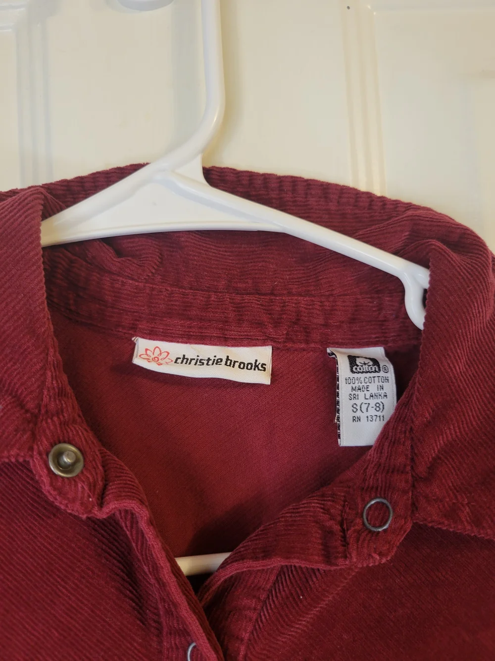 Vintage Christie Brooks Red Corduroy Button-Front Dress with Zigzag Stitching.